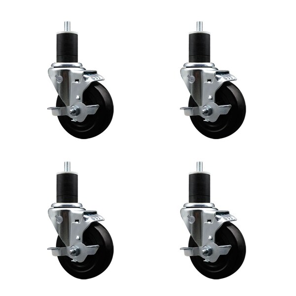 4'' SS Hard Rubber Swivel 1-3/4'' Expanding Stem Caster Set with Brake, 4PK